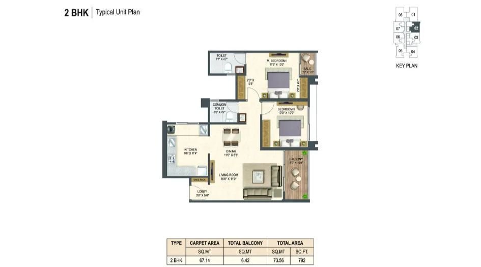 Miracle-Imperio-Towers-Typical-Floor-Plan-2 BHK-792 Sqft